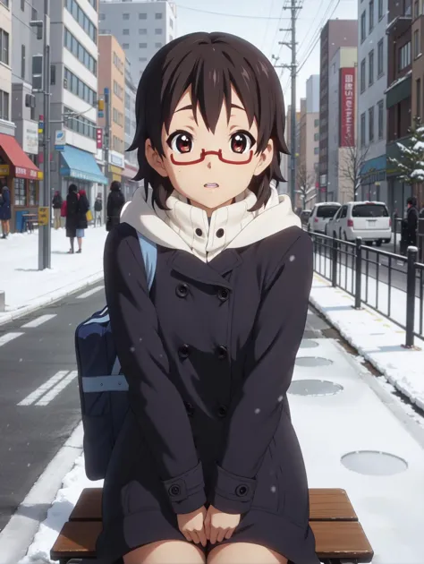 (best quality), highres, <lora:KonF:0.9> nodoka_manabe, solo, city, sidewalk, neon, puffy coat, snowing, sitting, bench