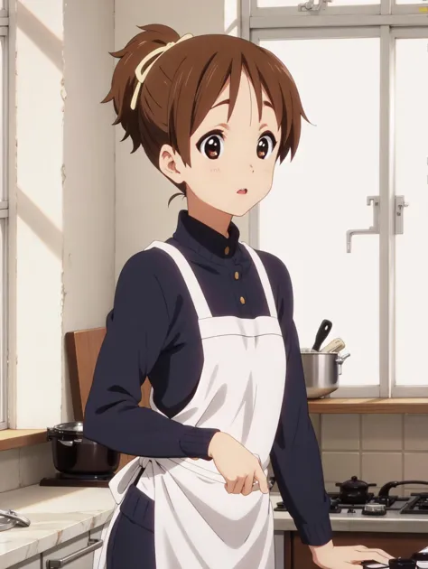 anime girl in a kitchen with a pan and a stove