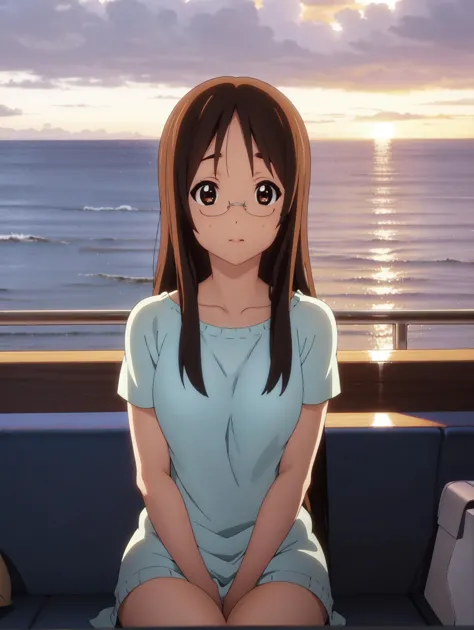 (best quality), highres, <lora:KonF:0.9> sawako_yamanaka, solo, on a cruise ship, v, ocean, sunset