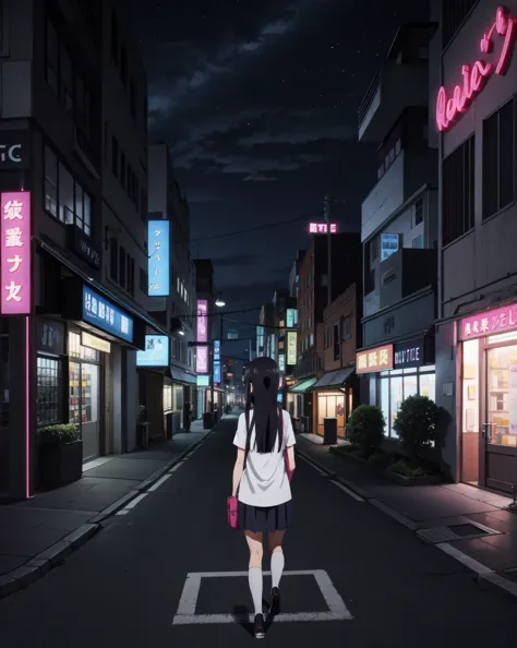 anime girl walking down a street at night in a city