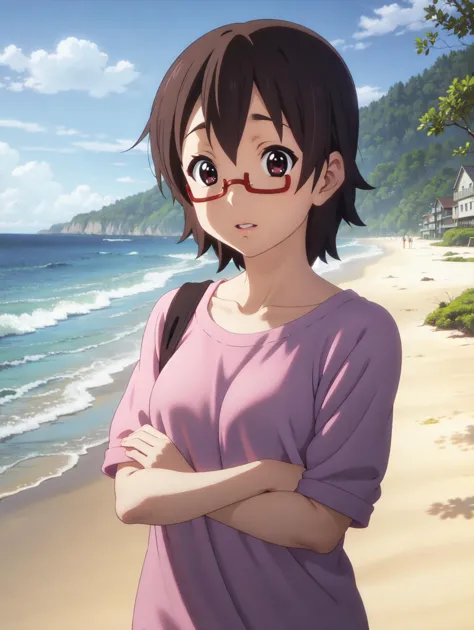 anime girl standing on the beach with her arms crossed