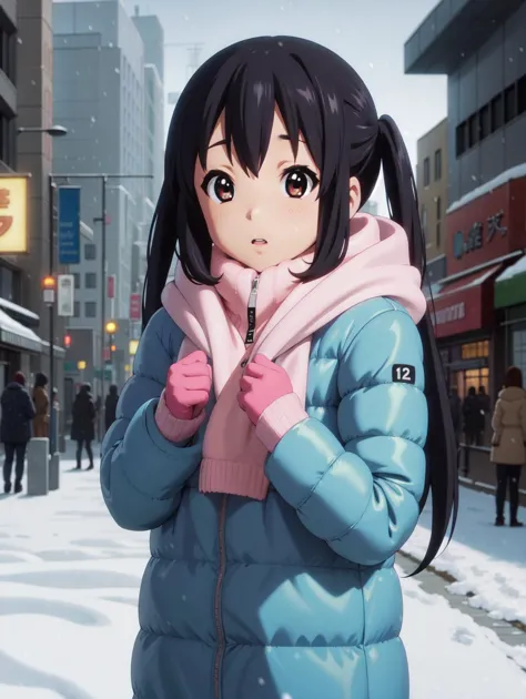 (best quality), highres, <lora:KonF:0.8> azusa_nakano, city, solo, neon, puffy coat, snowing