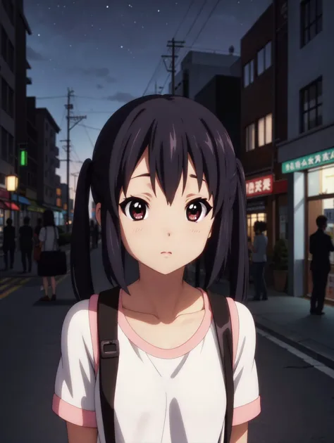 anime girl with black hair and white shirt standing in the middle of a street