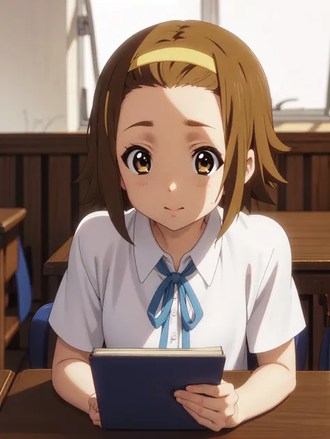 anime girl sitting at a table with a tablet in front of her