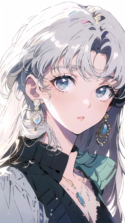 masterpiece,best quality,PIXIV,90s,style of a 1990s anime,1girl,solo,long hair,(white hair:1.5),bangs,red lips,closed mouth,blush,jewelry,earrings,looking at viewer,upper body,close-up view,simple background,