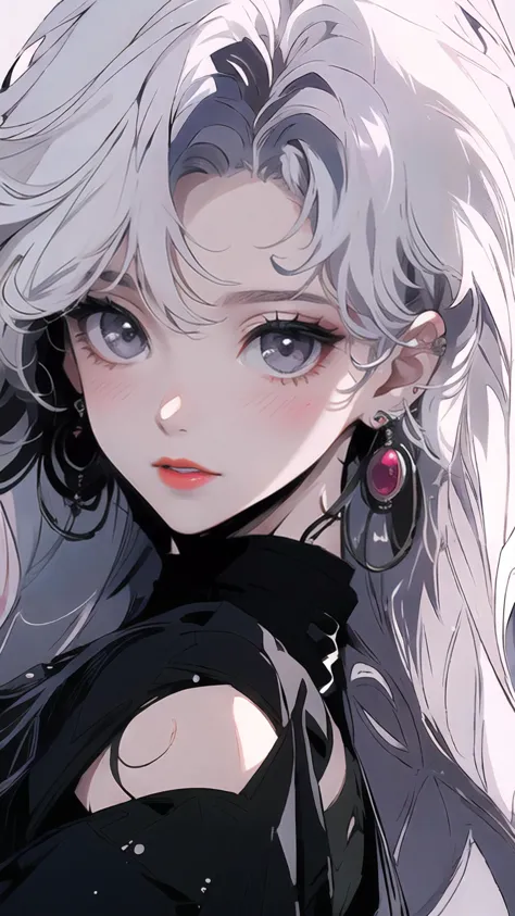 masterpiece,best quality,PIXIV,90s,style of a 1990s anime,1girl,solo,long hair,(white hair:1.5),bangs,red lips,closed mouth,blush,jewelry,earrings,looking at viewer,upper body,close-up view,simple background,<lora:s_20230805204449:1>,