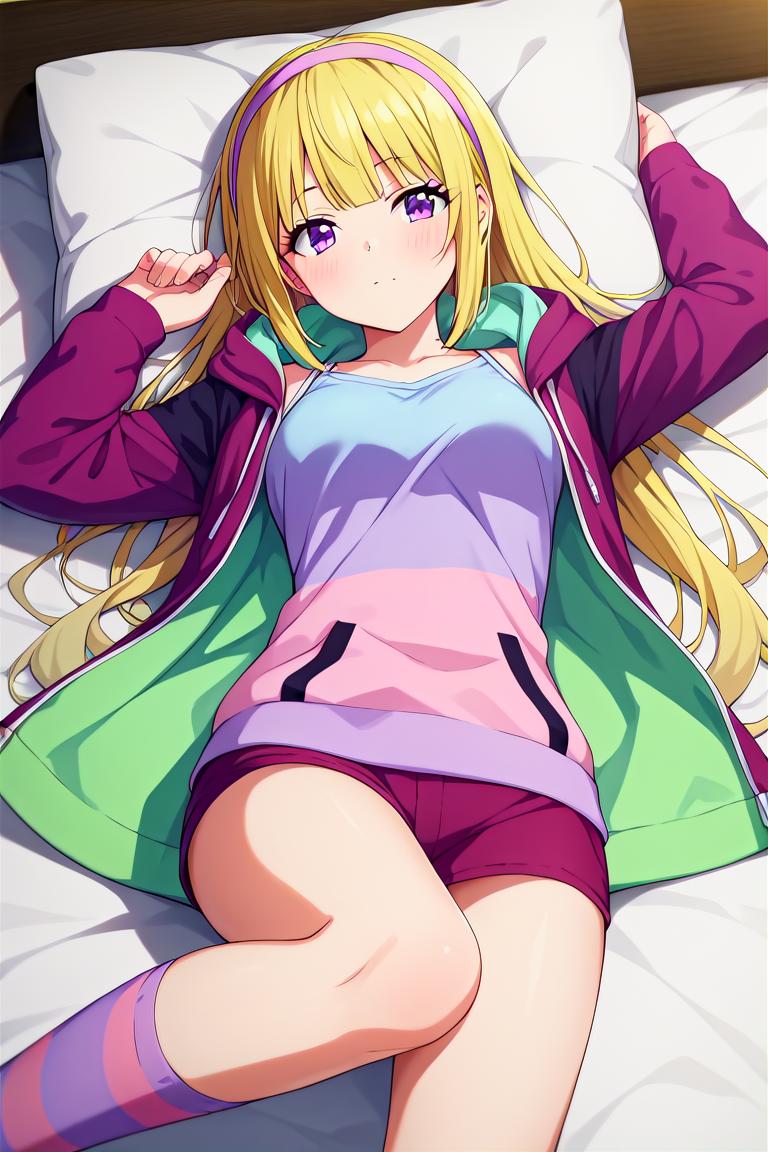 Anime girl laying on a bed with her legs crossed - SeaArt AI