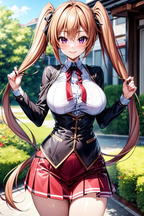 best quality, masterpiece, 1girl, raytracing, ultra detailed,detailed face, 8k wallpaper, (wide hips:1.2), Shidouirina_NDV, 1girl, light brown hair, twintails, large breasts, very long hair, purple eyes, , shirt, red skirt, corset, smile, outdoor