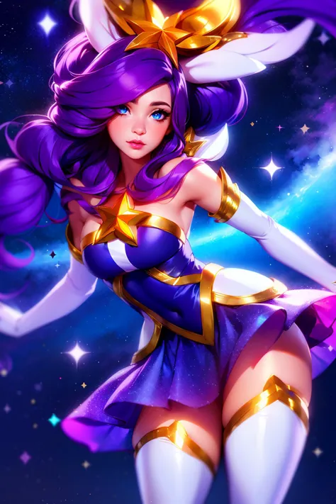 1girl, solo, ((confused)), masterpiece, best quality,white thighhighs, elbow gloves, hair ornament, star hair ornament, dress, star guardian \(league of legends\), purple hair, long hair, <lora:Tweak_Detail25:0.1>, Tweak_PrettyEyes:0.8 <lora:Tweak_Colorful-V2:0.7>, with a star-filled sky in the background, swirling mist in the air  <lora:Char_lol-StarGuardianJanna:0.9>