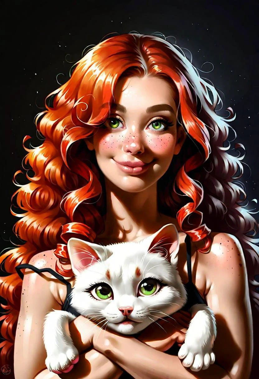Style by Sam Yang and samdoesarts, very beautiful and aesthetic, raw photo, realistic, score_9, score_8_up, score_7_up, score_6, score_5, score_4, source_anime, rating_safe, dark theme, 1girl, freckles, green eyes, cat, long hair, animal, orange hair, looking at viewer, holding animal, holding, upper body, lips, solo, holding cat, black background, closed mouth, hug, smile, bare shoulders, curly hair, eyelashes, animal hug, sidelighting, simple background, wavy hair, artist name, camisole, nose, thick eyebrows, red hair, messy hair, white cat, realistic, watermark, bangs, spaghetti strap