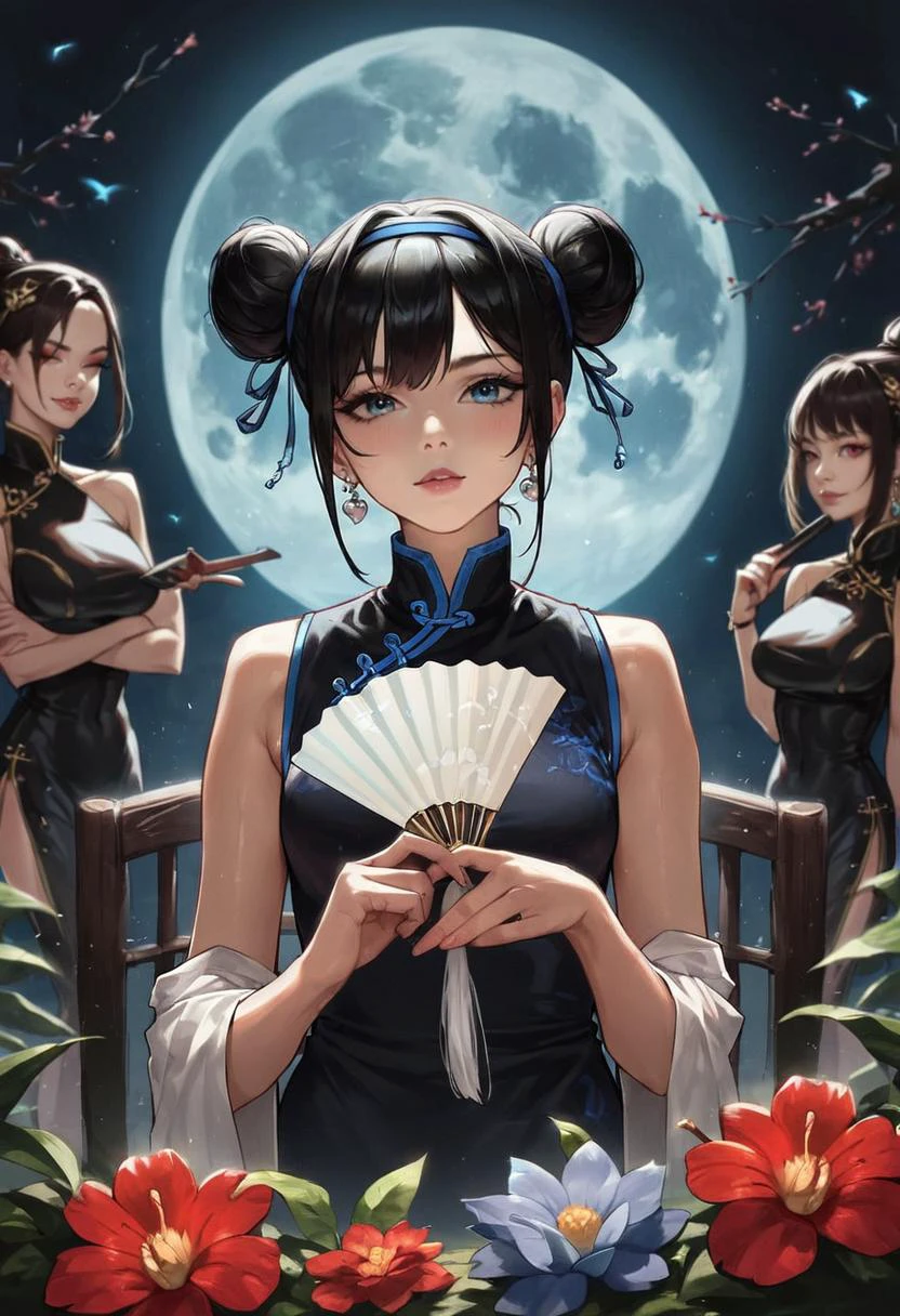 realistic, concept art, score_9, score_8_up, score_7_up,  score_6, score_5, score_4, big adorable eyes, shiny skin, oiled skin, ,detailed_background,outdoors,dress,hand fan,highres,black eyes,chair,solo focus,hong lu \(project moon\),double bun,chinese clothes,character request,1boy,hairband,branch,hair bun,limbus company,flaw eight,multiple others,6+others,black hair,string,heterochromia,flower,project moon,china dress,string of fate,blue hairband,high ponytail,blue eyes