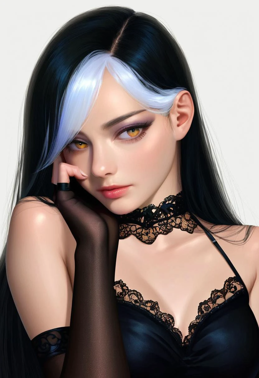 score 9, score 8 up, score 7 up, source anime, extremely detailed, beautiful face, perfect hands, perfect body, realistic, 
1girl, solo, long black hair, white streaks, multicolored hair, pale skin, black makeup, hair behind ear, golden eyes, 
black gothic dress, black lace choker, bare shoulders, fingerless elbow gloves,
portrait, bust, arms crossed, hand to face, in ruins, at night, dramatic lighting