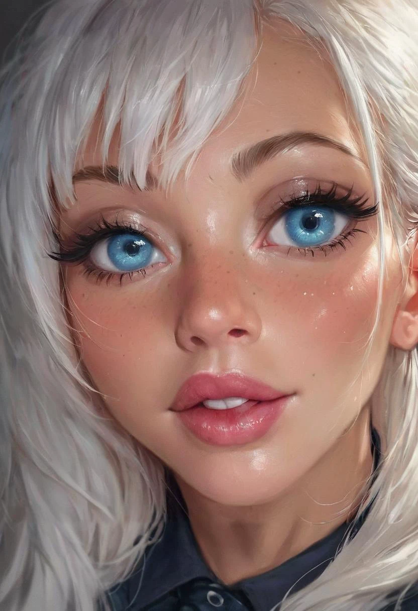 realistic, concept art, score_9, score_8_up, score_7_up,  score_6, score_5, score_4, big adorable eyes, shiny skin, oiled skin,detailed_background,indoors,signed,aqua eyes,close,,white hair,blush,long hair,bow,fang,suisei 1121