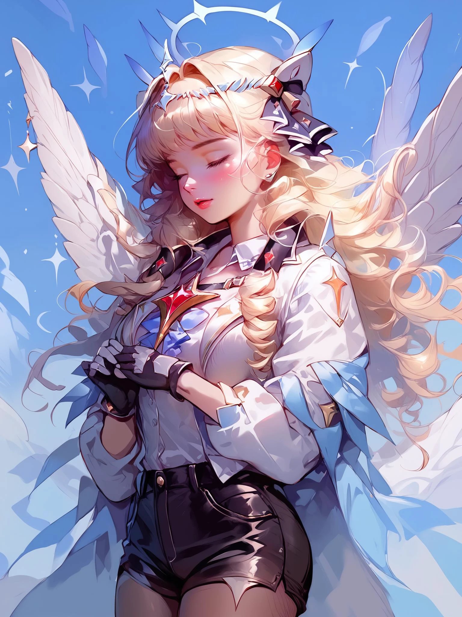 score_9, score_8_up, score_7_up, dreamcore, heaven,  bloom light, skin light, close-up BREAK 1girl, nikkecrwn, blonde hair, long hair, drill hair, tiara, hair ornament, headgear, blue eyes, white jacket, white shirt, brooch, center frills, black shorts, high-waist shorts, gloves, wings, armored boots, fishnet pantyhose,wide hips, thick thigh, holding spear of heaven w1ngs, angel wings ,halo
3th3r34l
