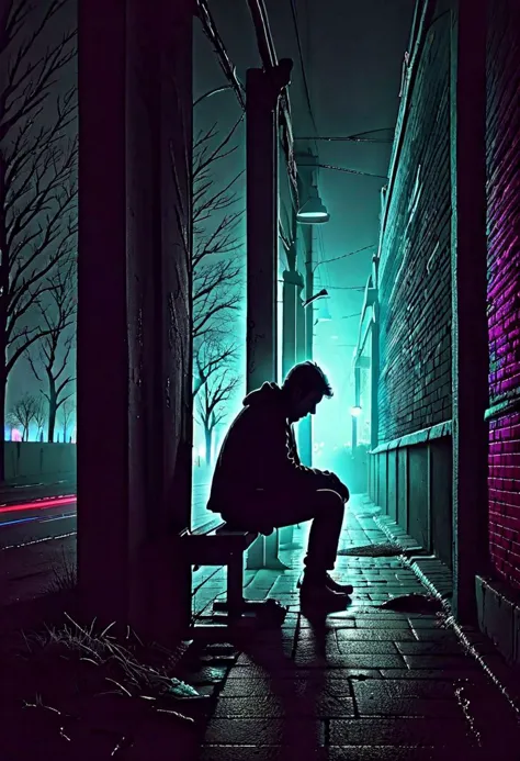 arafed man sitting on a bench in a dark alley