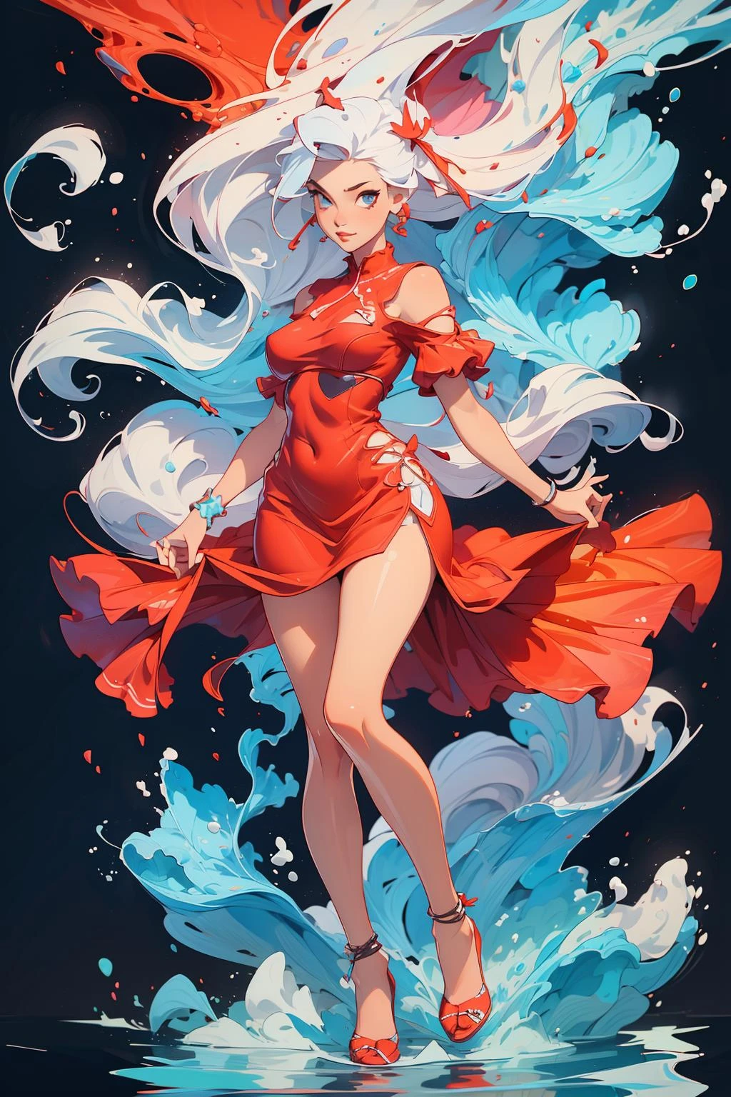 photorealistic,realistic,photography,masterpiece,best quality,ultra-detailed,1girl,full body,water,dress,looking at viewer,red dress,white hair,md colorful,