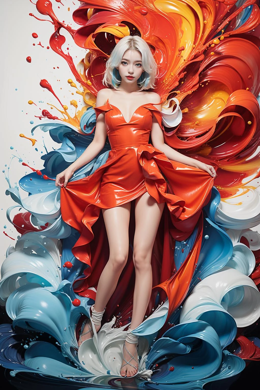 photorealistic,realistic,photography,masterpiece,best quality,ultra-detailed,1girl,full body,water,dress,looking at viewer,red dress,white hair,md colorful,