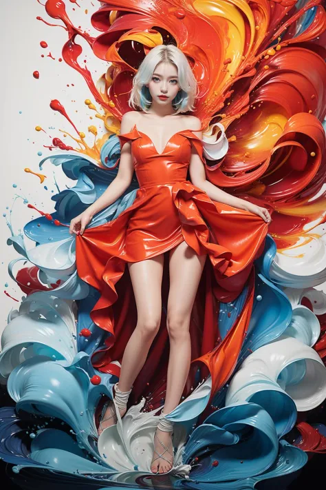 photorealistic,realistic,photography,masterpiece,best quality,ultra-detailed,1girl,full body,water,dress,looking at viewer,red d...