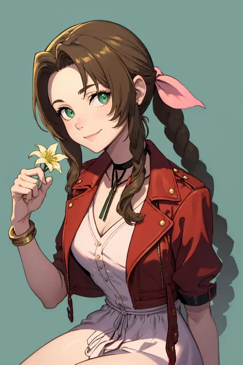 Meisterwerk, beste Qualität, Aerith Gainsborough, HALSBAND, Kurze Jacke, Haarschleife, Armband, Pinkes Kleid, Betrachter betrachten, abstrakter Hintergrund, Grünes Thema, glühend, leichtes Lächeln, hält eine gelbe Blume 