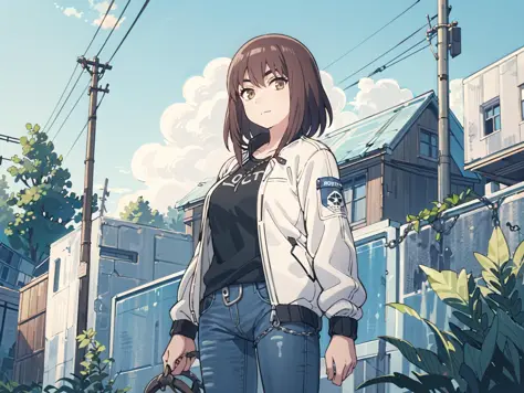 1girl, solo, cowboy shot, standing, looking at viewer, from side, brown eyes, straight hair, sidelocks, medium hair, light smile, closed mouth, ((official outfit+white jacket+open jacket+black shirt+light blue jeans)), medium breasts, <lora:tenma_kiruko-Lion-V1-000015:1>
(outdoors,  day, fence, cloud, power lines, blue sky, building, utility pole, ((chain-link fence)), tree, plant, city, house, cloudy sky, railing, road), <lora:thickerLinesAnimeStyle_loraVersion:0.4>