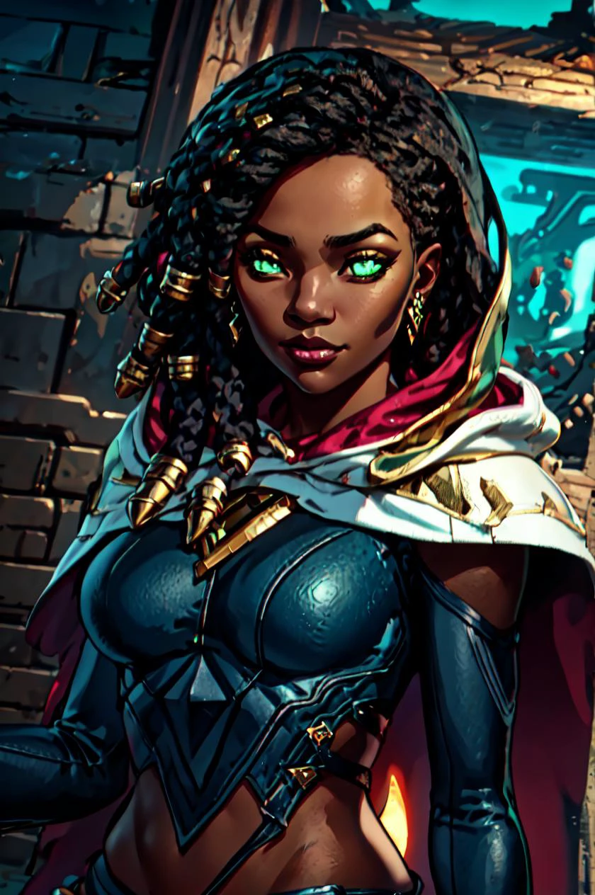 senna \(league of legends\), 1girl, dark-skinned female, dreadlocks, hooded cape, green eyes, solo, detailed face, ultra detailed eyes, looking at viewer, cowboy shot, upper body, lich, necromancer, undead, brightness, light rays, lamp, wasteland, mountain, (masterpiece:1.2, best quality) 