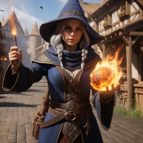 ultra-detailed,8K,detailed light,detailed shadow,RAW, (detailed skin),(realistic:1.2),a female mage casting a fireball spell, medieval fantasy town background