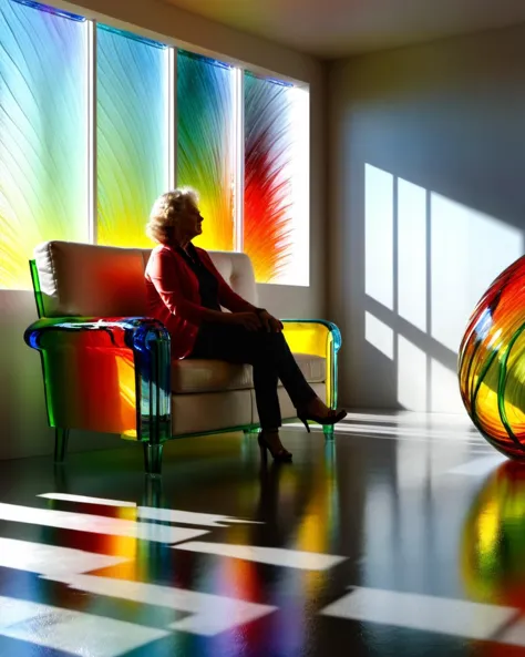 brightly colored glass vase sitting on a chair in a room