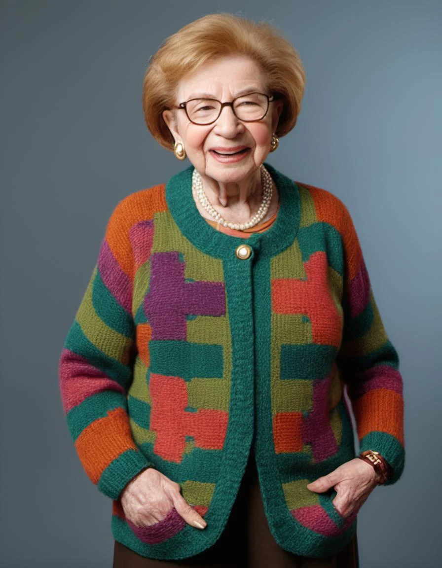 DR. Ruth Westheimer con un suéter tejido con estampado cline, bucles, Geometría