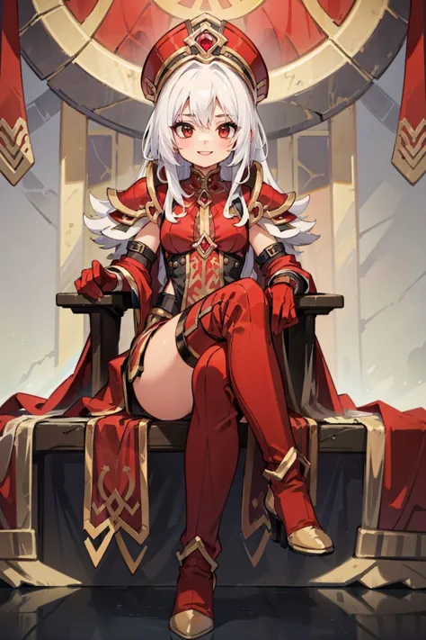 a woman sitting on a throne with a red cape and a sword