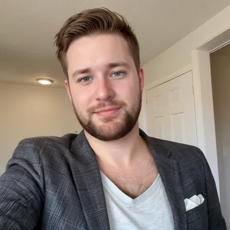 hyper realistic candid photo of a 24yo redneck male, average,  bunker, analog style, masterpiece, pubic hair, celebrating, short hair, slightly hairy chest, suit jacket, selfie