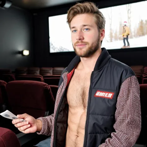 hyper realistic candid photo of a 24yo redneck male, average,  movie theater, analog style, masterpiece, pubic hair, gobsmacked, short hair, slightly hairy chest, snowboard jacket, straight-on