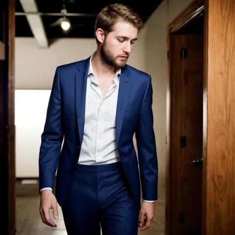 a close up of a man in a suit standing in a hallway