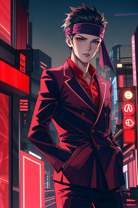 masterpiece, best quality, solo male, outdoors, power plant, <lora:zs_Sukeroku:0.8> sukerokush, black hair, headband, jacket, red shirt, pants, <lora:redneon-style-richy-v1:0.8> redneonstyle, neon lights in background, glowing, red theme, neon trim