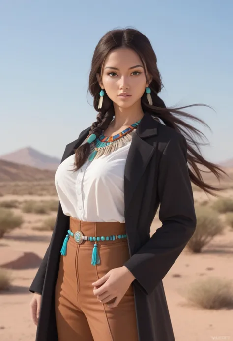 score_9,score_8_up,score_7_up,1girl,solo,long hair,dark brown hair,braids,native american,indigenous girl,large breasts,white shirt,black coat,high waist pants,looking at viewer,highly detailed,glossy lips,perfect body,wind blowing hair,sunny day,desert background,confident expression,detailed,illustration style,belt,rugged terrain,dramatic lighting,stylish,native american accessories,feathers,beads,turquoise jewelry,traditional patterns,moccasins,<lora:å¯æè¡¨ç°åsdxl10:0.8>,<lora:cutesexyrobutts_style-csr style-LoRA_Pony :0.8>,