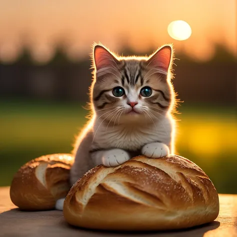 there is a cat sitting on top of a loaf of bread