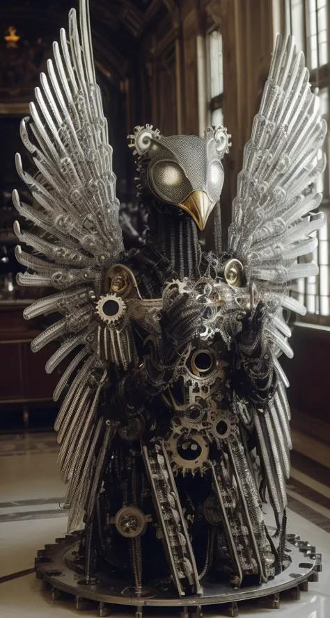 best quality, ((Medium Long Shot of Gigantic Avian Webbed Alien Canine,  Six-Fingered Hands,  Tufted-Tailed, Metallic Skin, Furry Ears Mechanical Wings made of gears and cogs and clockwork)) (that's feel serene) , ((look away from the camera)), vatican city as background,