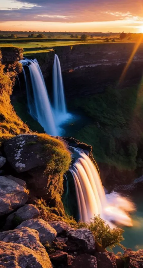 a large waterfall with a sun setting behind it