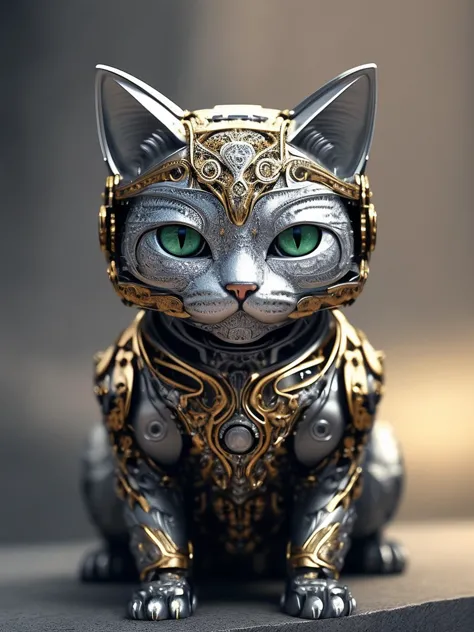 a close up of a cat statue with green eyes on a table