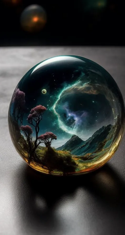 a close up of a glass ball with a landscape inside of it