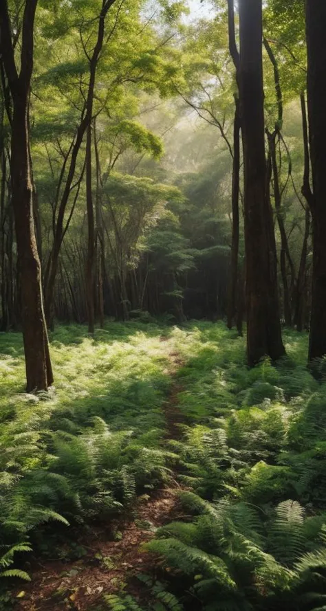 a close up of a forest with a path through the trees