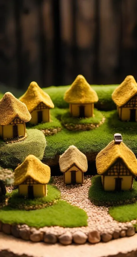 best quality, (worst quality, low quality, normal quality:2)extremely detailed micro photo of a miniature village made of houses and bonsai trees in golden hour,