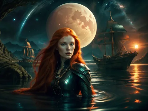 portrait of a woman with long red hair in a mystical lagoon at night, in the style of raphael lacoste, two moons and the milkyway, medieval fantasy, realistic fantasy paintings, uhd image, captivating figures, painted illustrations, best quality, high quality, good