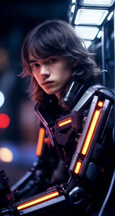 best quality, (best quality, masterpiece, colorful, dynamic angle, highest detailed)upper body photo, full body photo, fashion photography of cute 1boy, mechanical arms, cyborg, dark mood, dystopia, glowing,  sitting, long hair, bokeh (intricate details, hyperdetailed:1.15), detailed, light passing through hair, (official art, extreme detailed, highest detailed),