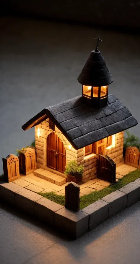 a close up of a small building with a lit up roof