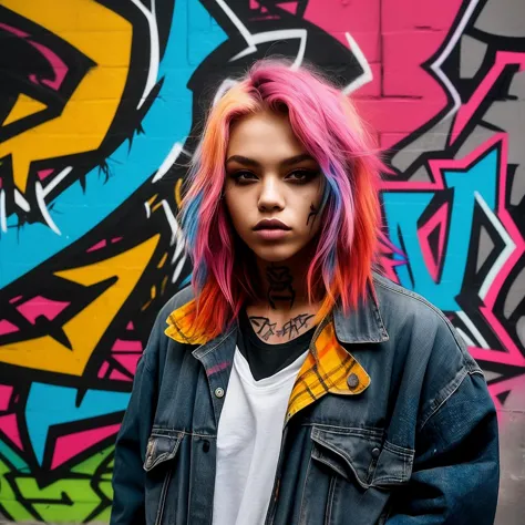 arafed woman with colorful hair standing in front of a graffiti wall