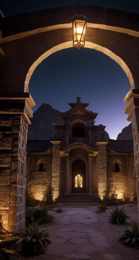 best quality, ((An outside)) Extreme Wide Shot of an fantasy Celestia Academy of Sorcery, Rhyolite stone,Plaster, Glow-in-the-Dark Insects, Uplighting, Orchid around it,