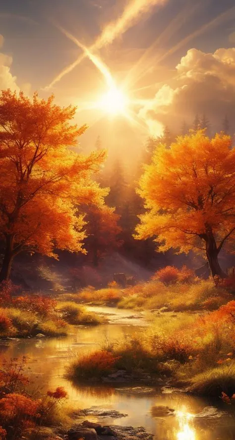 best quality, art by Cornelis Springer, Anime, best quality, Burning Tired "The Nexus of Embellishment", autumn flowers, soft focus, Masterpiece, Amusing, Sun Rays, Circular polarizer, League of Legends Splash Art, concept art,