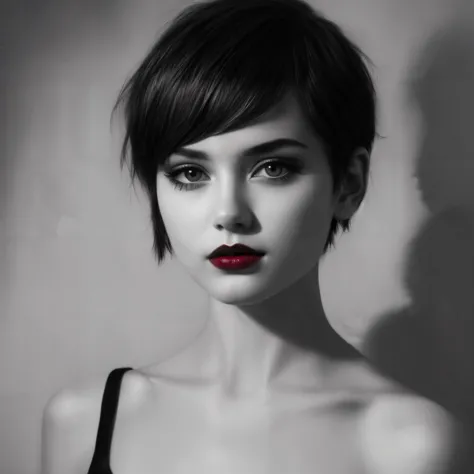 a black and white photo of a woman with a red lipstick