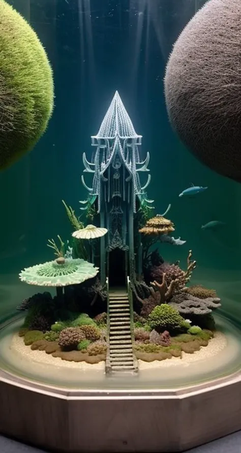 there is a fish tank with a small house inside of it