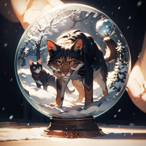 there is a cat that is inside of a snow globe